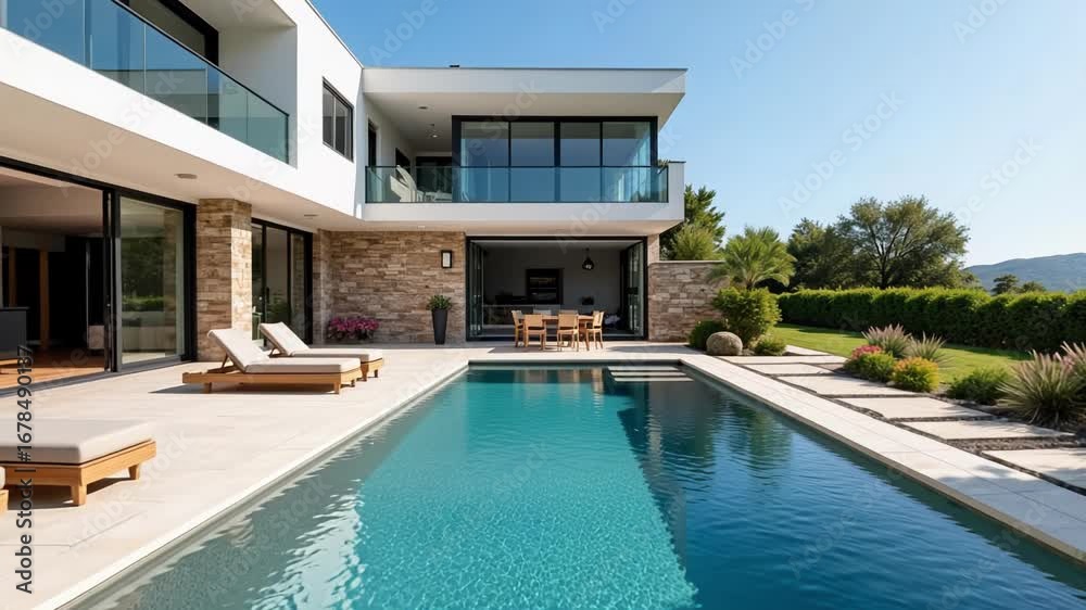 Experience ultimate luxury in this modern villa boasting a stunning swimming pool and meticulously landscaped garden, perfect for aspirational lifestyle content. Experience ultimate luxury in this modern villa boasting a stunning swimming pool and meticulously landscaped garden, perfect for aspirational lifestyle content.