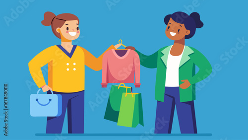 Two women are shopping and one of them is holding a pink shirt. The other woman is holding a green jacket