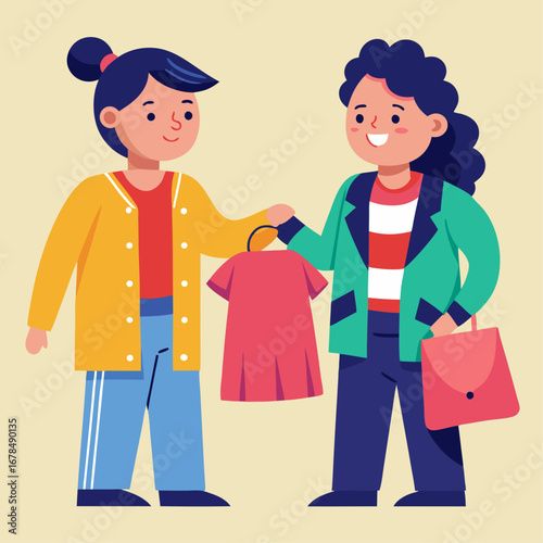 Two women are shopping and one of them is holding a pink shirt. The other woman is holding a green jacket