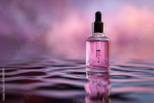Pink serum dropper bottle on rippled water