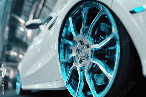 Sleek white car with futuristic rims