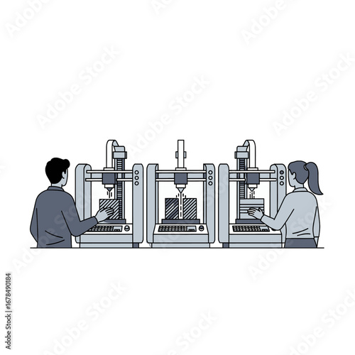 People Overseeing Three Gray Scale 3D Printers in a Manufacturing Setting Highlighting Technological Automation and Robotic Precision