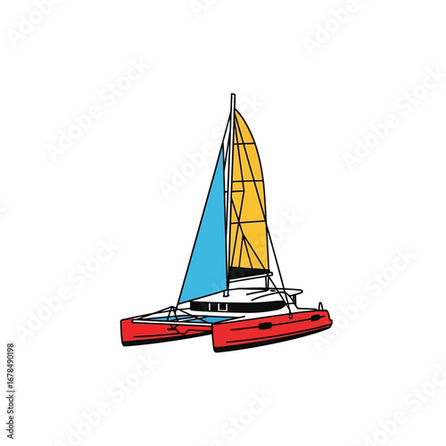 catamaran sailing red catamaran sailboat cruising with blue and yellow sails in tropical ocean yachting lifestyle