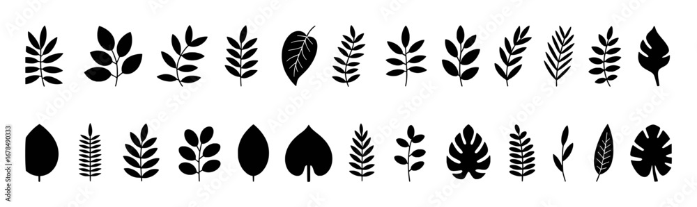 Obraz premium Collection of Black Silhouette Leaves and Branches on White Background