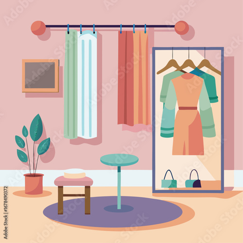 A room with a mirror and a closet with clothes hanging on it. The room is decorated with a green plant and a pink rug