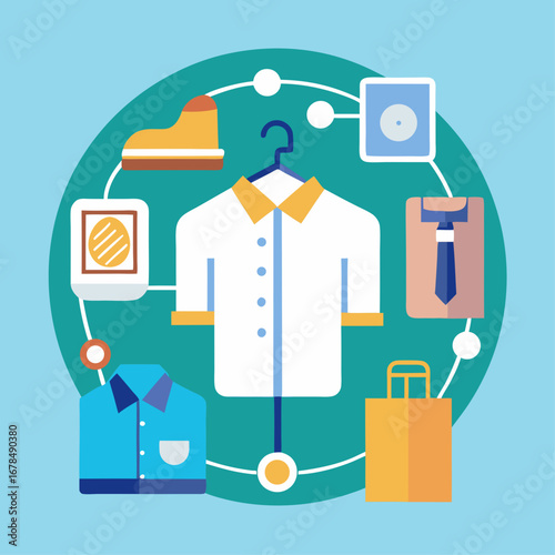 A graphic of clothing items and a shopping bag with a circular design. The clothing items include a shirt, a tie, and a pair of shoes. The shopping bag is placed in the center of the image