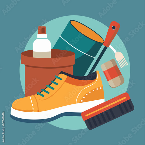 A shoe is surrounded by a variety of shoe care products, including a brush, a can of shoe polish, and a bottle of shoe cream. Concept of taking care of one's shoes