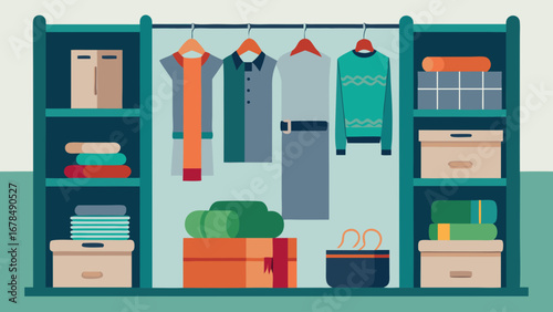 A closet with clothes hanging on the rack. The clothes are neatly folded and organized. The closet is filled with various types of clothing, including shirts, pants, and a scarf