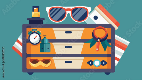 A dresser filled with various items such as a watch, sunglasses, and a bottle. The dresser is a mix of colors and textures, giving it a lively and eclectic appearance