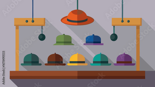 A display of hats with a variety of colors and styles. The hats are arranged on a wooden table, and there are several of them in different sizes and colors