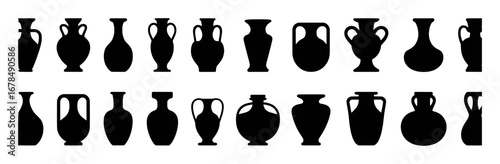 Collection of Black Silhouettes of Ancient Greek Amphorae and Vases