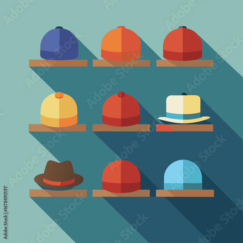 A display of hats with a variety of colors and styles. The hats are arranged on a wooden table, and there are several of them in different sizes and colors