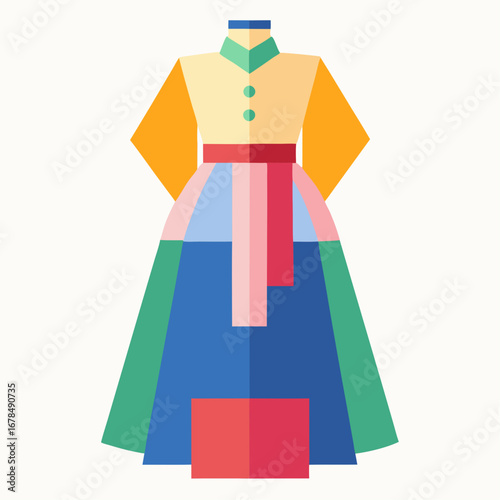 A colorful dress with a red belt. The dress is made up of different colored pieces and is very colorful