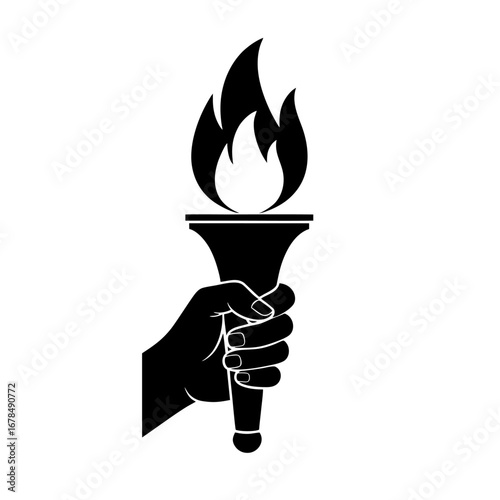 Hand holding a flaming torch in black silhouette, symbolizing light, victory, and enlightenment.