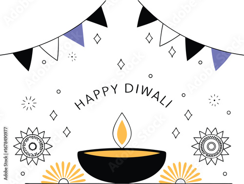 Happy diwali with decorative diya and bunting for the festival of lights and hindu new year