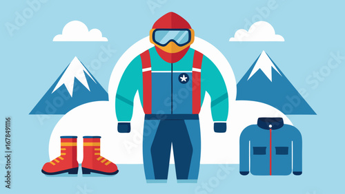 A man in a blue jacket and goggles stands in front of a mountain range. He is wearing a red jacket and blue pants. The scene is set in a cold, snowy environment