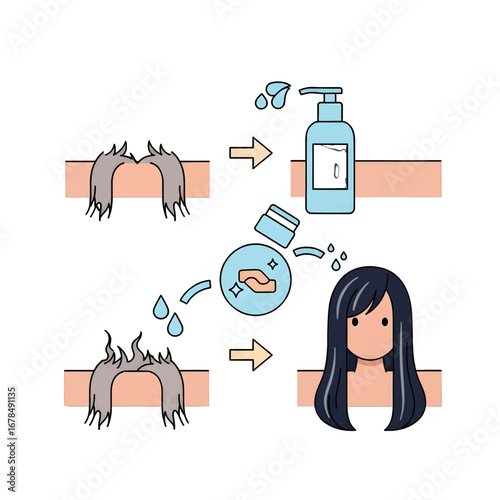 Illustration of Hair Transformation Process with Shampoo for Cleanliness and Beauty Haircare Routine Featuring a Woman and Product Bottle