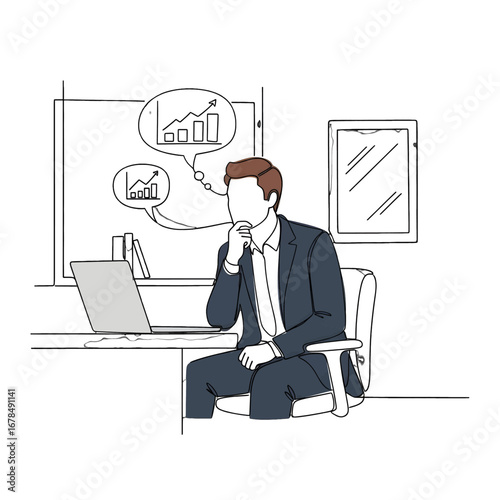 Line Art Style Illustration of a Businessman Contemplating Growth Charts and Financial Strategy in Modern Office Setting with Laptop and Minimalist Decor