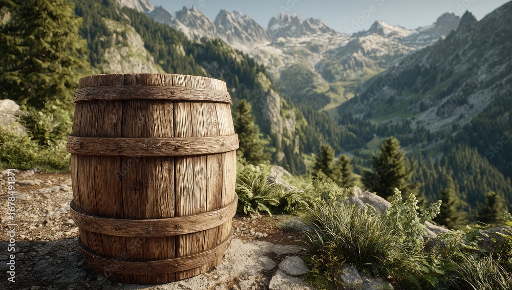 Fototapeta premium Wooden barrel on mountaintop. Lush valley view
