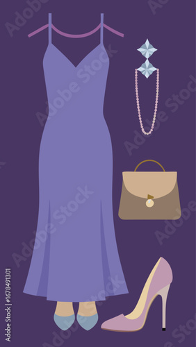 A blue dress, a pair of shoes, and a purse are displayed on a purple background. The dress is a little bit long and the shoes are high. The purse is brown and has a gold design