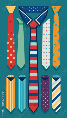 A collection of ties and a shirt are shown in a blue background. The ties are of various colors and patterns, and the shirt is white. Concept of professionalism and formality