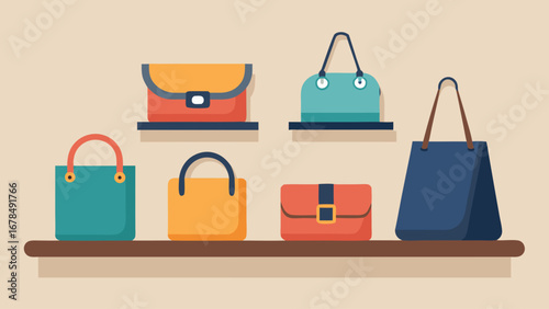A collection of purses are displayed on a shelf. The purses are of different colors and sizes, and they are arranged in a way that makes them easy to see and compare. Concept of variety and choice