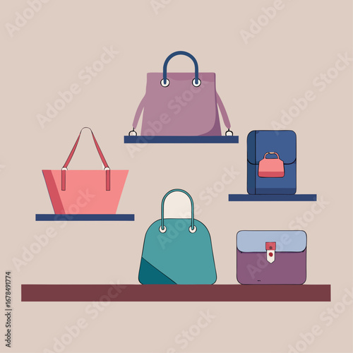 A collection of purses are displayed on a shelf. The purses are of different colors and sizes, and they are arranged in a way that makes them easy to see and compare. Concept of variety and choice