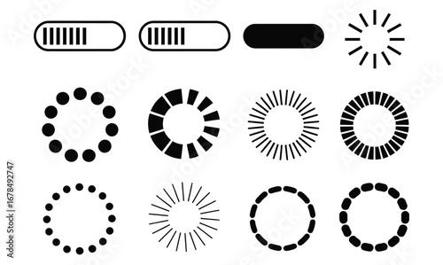 WebSleek loading indicators for websites and apps, featuring progress bars and spinning circles for modern UI design, ideal for showcasing system updates, data transfers, and internet connectivity