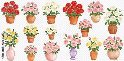 A collection of beautiful watercolor rose bouquets in red, pink, yellow, and white, arranged in various pots and vases.