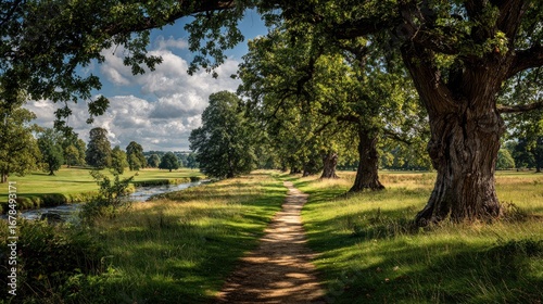 Fototapeta Naklejka Na Ścianę i Meble -  Sunlit path through parkland, lined with ancient trees