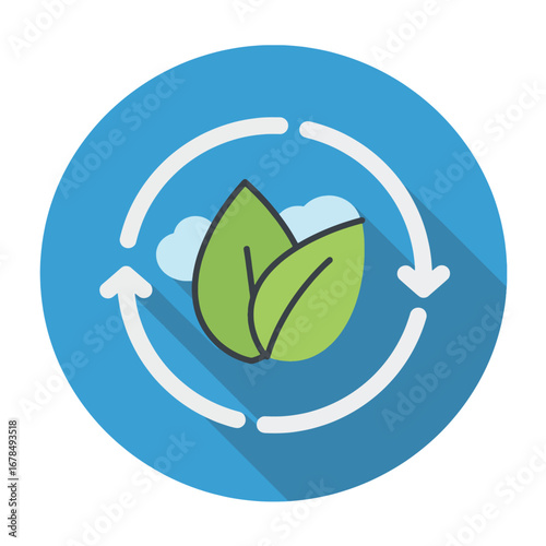 Circular eco-friendly symbol featuring leaves and recycling arrows, representing environmental sustainability.
