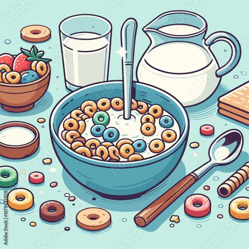 illustration of cereal and a glass of milk 