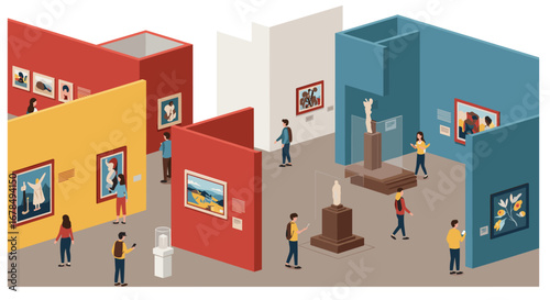 People exploring art gallery with colorful walls in isometric style