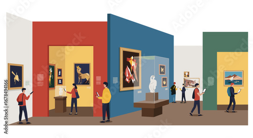 Art gallery with visitors observing paintings and sculptures in modern museum interior