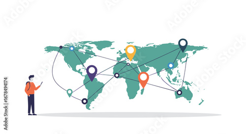 Global connections concept with interactive world map and character