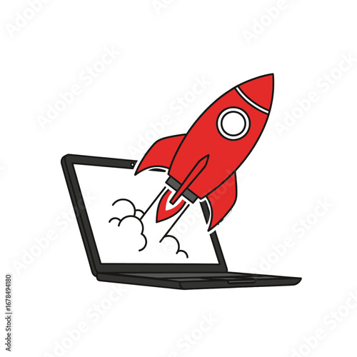 Red Rocket Launching from Black Laptop Screen Symbolizing Startup Success and Digital Innovation on White Background