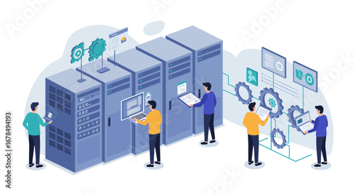 Data center management and server maintenance with it technicians in isometric style