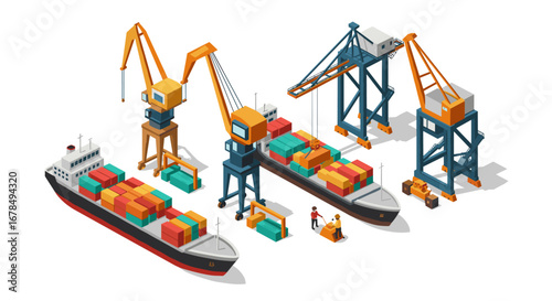 Isometric cargo shipping port with cranes and container ships