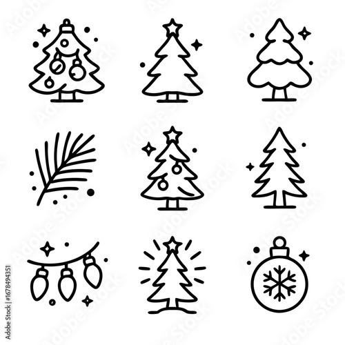 Christmas tree vector icons for festive holiday designs with trees, ornaments, and garlands. Perfect for seasonal graphics and decorations.