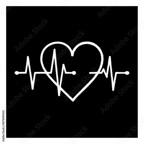 Monochrome Heartbeat Pulse Vector Symbol with Elegant Heart Shape in Black Background