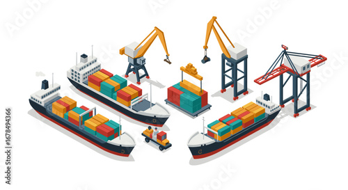 Isometric shipping port with cargo ships and cranes