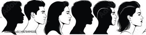 Stylized male and female head profiles in silhouette and detailed line art, alternating black and white vector illustration for design projects