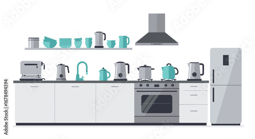 Modern kitchen interior with appliances and utensils in flat design style