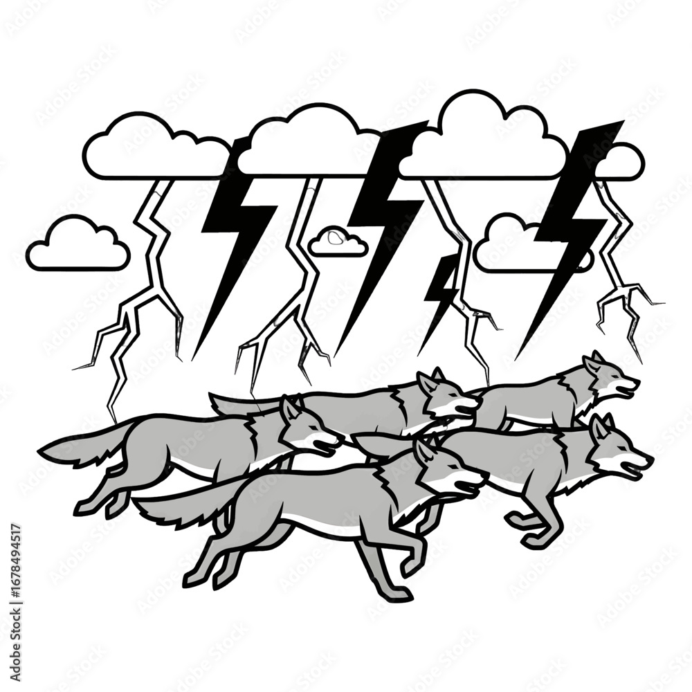 Fototapeta premium Pack of Wolves Running Under Lightning Storm in Grayscale Graphic Illustration