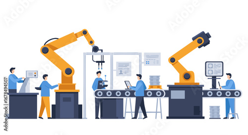 Modern industrial automation with robotic arms in a production line scene