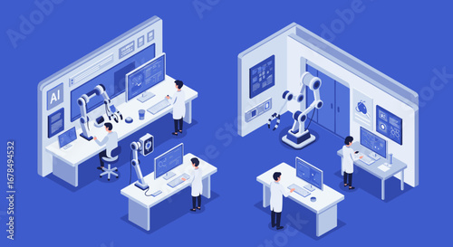 Isometric ai laboratory with scientists and robotics in a modern blue workspace