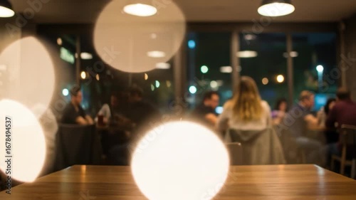 Ambient indoor restaurant dining with blurred background and warm lighting for a cozy atmospheric feel