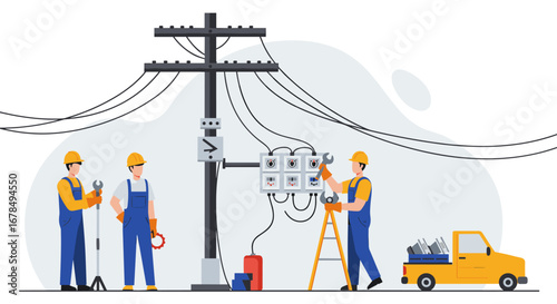 Electricians working on power lines in modern flat design
