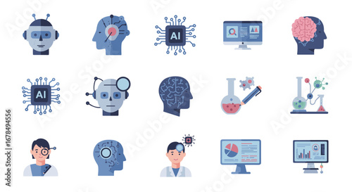 Artificial intelligence and data analysis icons in modern flat style