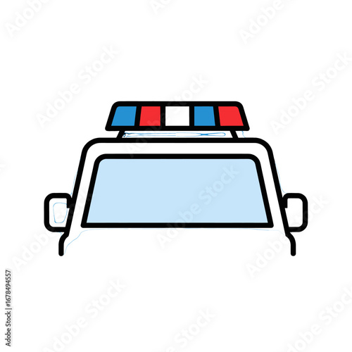 Stylized Police Car Front View with Red and Blue Emergency Lights on a White Background